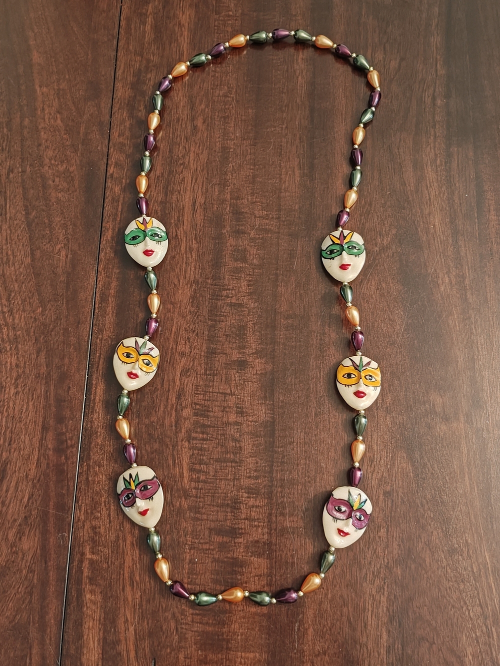 Mardi Gras Mask Bead Necklace in Purple, Green & Gold